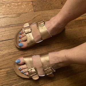 Womens Rose Gold Iridescent Cork Sandals Feet Toes Summer shoes size 7 / 8 Gift